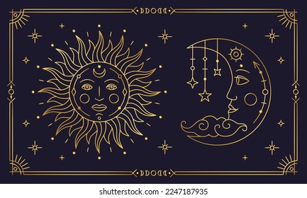 Mystical golden boho sun and crescent moon with faces. Astrology, alchemy, esoteric, tarot, fortune telling and mysticism stylized design elements thin line vector illustration on dark navy background