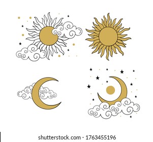 Mystical golden boho tattoos with sun, crescent, stars and clouds. Linear design, hand-drawing. Set of elements for astrology, mysticism and fortune telling. Vector illustration on a white background