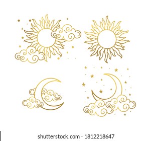 Mystical golden boho tattoos and sun  crescent  stars   clouds  Linear design  hand  drawing  Set elements for astrology  mysticism   fortune telling  Vector illustration white background 