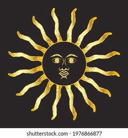 Mystical golden boho tattoos with sun, crescent, stars and clouds. Linear design, hand-drawing. elements for astrology, mysticism and fortune telling.