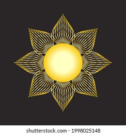 Mystical golden boho tattoos with sun. Linear design, elements for astrology, mysticism and fortune telling.