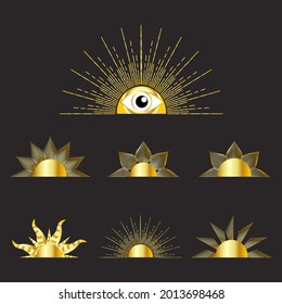 Mystical golden boho tattoos with sun. Linear design, hand-drawing. Set of elements for astrology, mysticism and fortune telling.