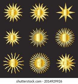 Mystical golden boho tattoos with sun. Linear design, hand-drawing. Set of elements for astrology, mysticism and fortune telling.