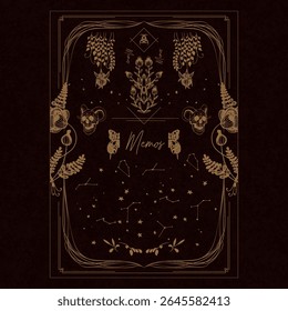 Mystical Golden Botanical Journal Page, Cover Zodiac Constellations, Ram Skulls, Flowers, and Celestial Symbols. Vintage Occult Style Illustration for Notebooks, Planners or Posters