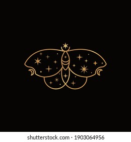 Mystical Golden Butterfly in Trendy Boho Style. Vector Magic Moth Silhouette with Stars and Moon for printing on wall, T-shirt, tattoo, social media post and stories