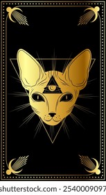 A mystical golden cat with an enigmatic third eye, intricately designed against a dark backdrop showcasing esoteric symbolism and mysterious energy