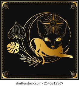 A mystical golden cat leaps gracefully against a midnight black background adorned with celestial symbols and lush botanical elements