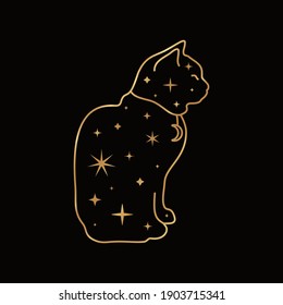 Mystical Golden Cat on a Black Background in Trendy boho style. Vector magic cat silhouette with stars and Moon for printing on wall, T-shirt, tattoo, social media post and stories