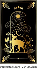 A mystical golden cat walks beneath a celestial sun and swirling clouds, framed by delicate floral designs at twilight