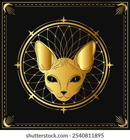 A mystical golden cat's head surrounded by intricate geometric patterns on a dark background