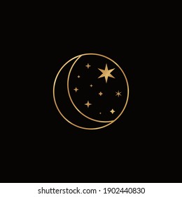 The mystical Golden Moon in a Trendy Boho Style. Vector Icon of a Crescent moon with Stars For the print on the wall, on a t-shirt, tattoo Design, social media post and stories