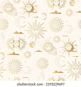 Mystical golden seamless pattern with esoteric symbols: sun, moon, clouds, stars and planets. Hand drawn vector illustration for textile, background, texture, wrapping paper, witchcraft and magic shop