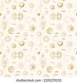 Mystical golden seamless pattern with esoteric symbols: sun, moon, clouds, stars and planets. Hand drawn vector illustration for textile, background, texture, wrapping paper, witchcraft and magic shop