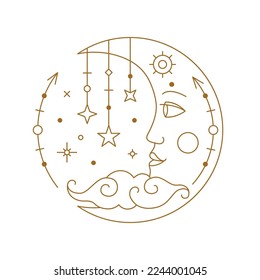 Mystical golden stylized boho chic tattoo crescent with face. Astrology, alchemy, esoteric, tarot, fortune telling and mysticism design element thin line vector illustration on white background