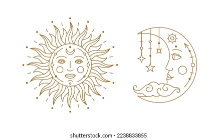 Mystical golden stylized boho sun and crescent moon. Astrology, esoteric, tarot, fortune telling and mysticism design elements thin line vector illustration on white background