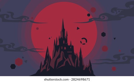 Mystical gothic castle perched on a rocky mountain against a massive red moon and dark swirling night clouds.