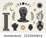 Mystical Greek set with sculpture, elements of greek culture and astronomical symbols. Ancient bust sculpture of a woman framed with olive branches. Flat hand-drawn isolated vector illustrations.