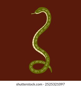 Mystical green earth snake cobra on burgundy background. Colorful stylized vector illustration hand drawn. Dark abstract esoteric poster. Symbol of the new 2025 year. Wood texture. Year of the Snake