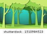 Mystical green forest  landscape with trees layer vector illustration in  paper  cut craft style design. Ecology and environment conservation concept design paper cut style.Vector illustration.
