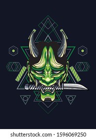 Mystical green oni with sacred geometry pattern