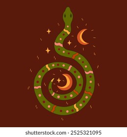 Mística serpiente verde entre medias lunas y estrellas enroscada en anillo sobre fondo borgoña. Colorido estilizado Ilustración vectorial dibujado a mano. Cartel esotérico abstracto oscuro