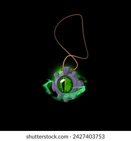 Mystical green stone in the shape of an eye, in a metal frame on a rope. 3D vector illustration with glowing effect. Witchcraft accessory isolated on black background. Ideal for game design.