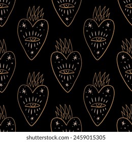 Mystical groovy vintage whimsical doodle sacred hearts seamless pattern. Valentines love characters background. Hand-drawn sketchy Jesus saint burning heart. Art print boho clipart symbols wrapping
