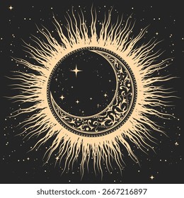 Meia-lua mística coberta com ornamento dentro do sol mágico, padrão de estilo de tarô com símbolos de astrologia ocultos, vetor
