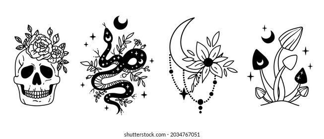 Mystical halloween bundle - celestial snake, floral skull, moon and magic mushroom isolated cliparts, space esoteric stuff, serpent, skeleton, flowers black and white outline vector illustration