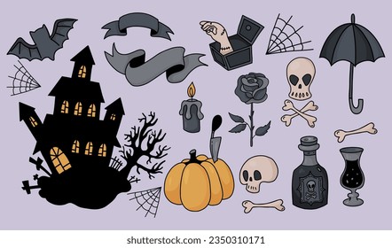 Mystical Halloween collection. Spooky castle house, bat, rum and glass, skull and crossbones, pumpkin, black rose and hand thing. Vector illustration. Isolated colored drawn for festive design