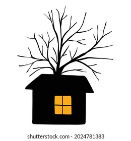 Mystical Halloween house with a black tree and a yellow window, vector illustration. Spooky house. Simple kids cartoon style. Isolated on white background. 
