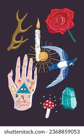 Mystical halloween illustrations set postcard.