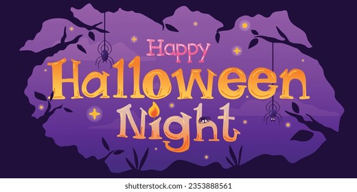 Mystical Halloween Night Typography Design With Haunting Tree Banner, Vector, Illustration