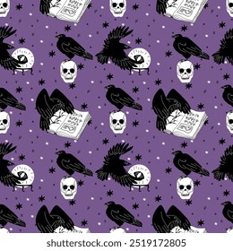 Mystical Halloween Pattern with Black Raven