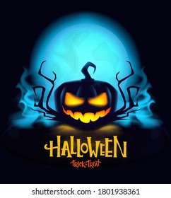 Mystical halloween pumpkin with burning eyes. Smoke and night moon in realistic style. Halloween party. 