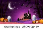 A mystical Halloween scene featuring a haunted house, ghosts, pumpkins, crescent moon, and bats under a purple night sky. Ideal for Halloween-themed designs and decorations.