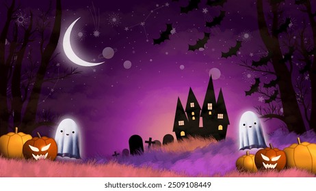 Uma cena mística de Halloween com uma casa assombrada, fantasmas, abóboras, lua crescente e morcegos sob um céu noturno roxo. Ideal para desenhos e decorações com tema de Halloween.