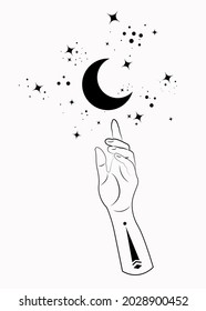 Mystical Hand alchemy esoteric magic moon symbol, Sacred Geometry. Boho style Logo in black outline tattoo icon. Spiritual occultism mystic wicca sign. Vector template  isolated on white background