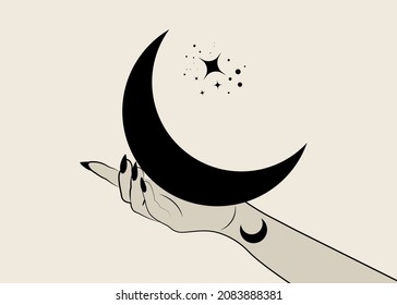 Alquimia de mano mística símbolo de luna mágica esotérica, Geometría sagrada. Estilo Boho Logo en el icono del tatuaje del contorno negro. El ocultismo espiritual místico es el signo de la wicca. Plantilla de vector aislada en fondo vintage