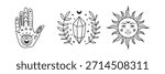 Mystical hand, crystal and sun with celestial face. Vintage esoteric vector illustration featuring boho line art, astrology symbols, and retro tarot design elements. Vector illustration
