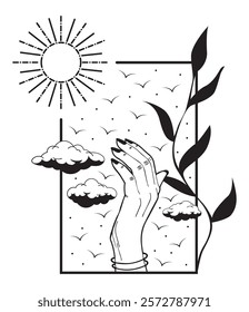 Mystical hand with crystals, birds, cloud, Sun. Design elements for weddings, tattoos, trendy boho style