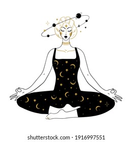 Mystical hand drawing in vintage style. Portrait of a girl with flying stars and planets around. Woman meditates in lotus position, concept of peace of mind and balance. Vector illustration isolated