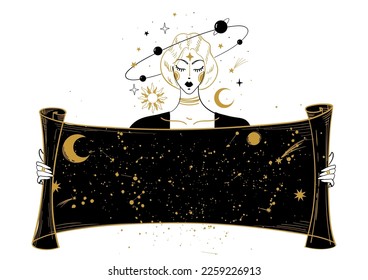 Mystical hand drawing in vintage style. A girl with flying planets holds a map of the universe with copy space. The concept of meditation and balance, spiritual calmness. Vector illustration.