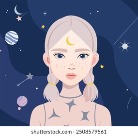 Mystical hand drawing in vintage style. Portrait of a girl with flying stars and planets around. The concept of meditation and balance, spiritual calmness. Zodiac womans horoscope signs linocut silhou
