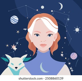 Mystical hand drawing in vintage style. Portrait of a girl with flying stars and planets around. The concept of meditation and balance, spiritual calmness. Zodiac womans horoscope signs linocut silhou