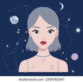Mystical hand drawing in vintage style. Portrait of a girl with flying stars and planets around. The concept of meditation and balance, spiritual calmness. Zodiac womans horoscope signs linocut silhou