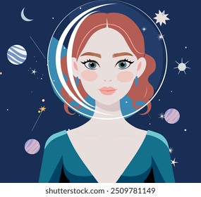 Mystical hand drawing in vintage style. Portrait of a girl with flying stars and planets around. The concept of meditation and balance, spiritual calmness. Zodiac womans horoscope signs linocut silhou