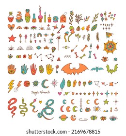 Mystical hand drawn elements. Doodle style. Halloween. Magic, witchcraft, esoteric icons set. Vector illustration