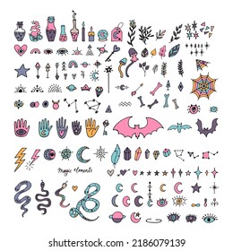 Mystical hand drawn elements. Doodle style. Magic, witchcraft, esoteric icons set. Halloween. Vector illustration
