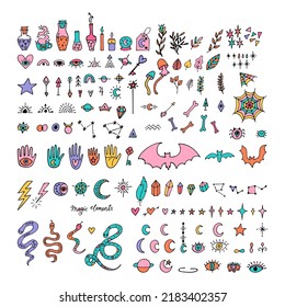 Elementos místicos dibujados a mano. Halloween. Estilo Doodle. Magia, brujería, íconos esotéricos. Ilustración del vector